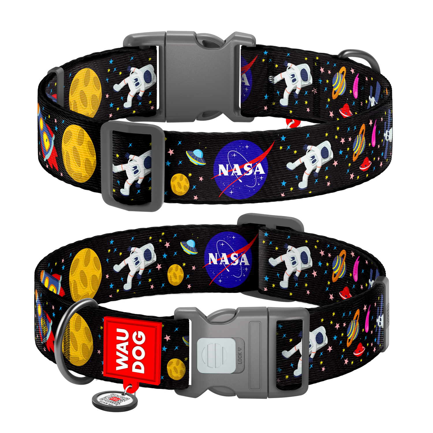 Waudog Zgardă nylon câine colecția Nasa, cu QR, mărimea M
