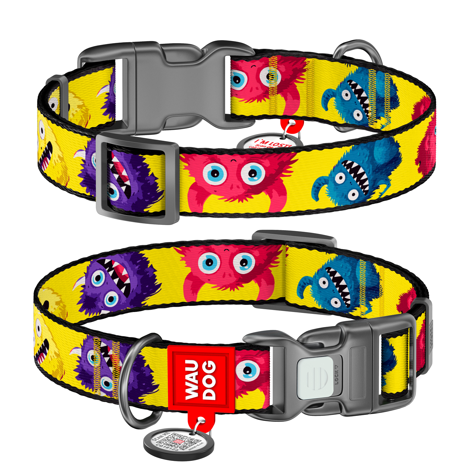 Waudog Zgardă nylon câine colecția Furry Monsters, cu pașaport QR, mărimea S