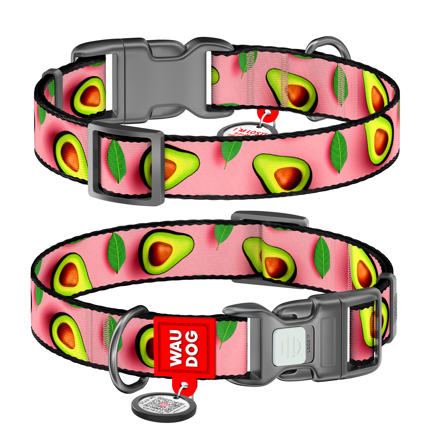 Waudog Zgardă nylon câine colecția Avocado on Pink, cu QR