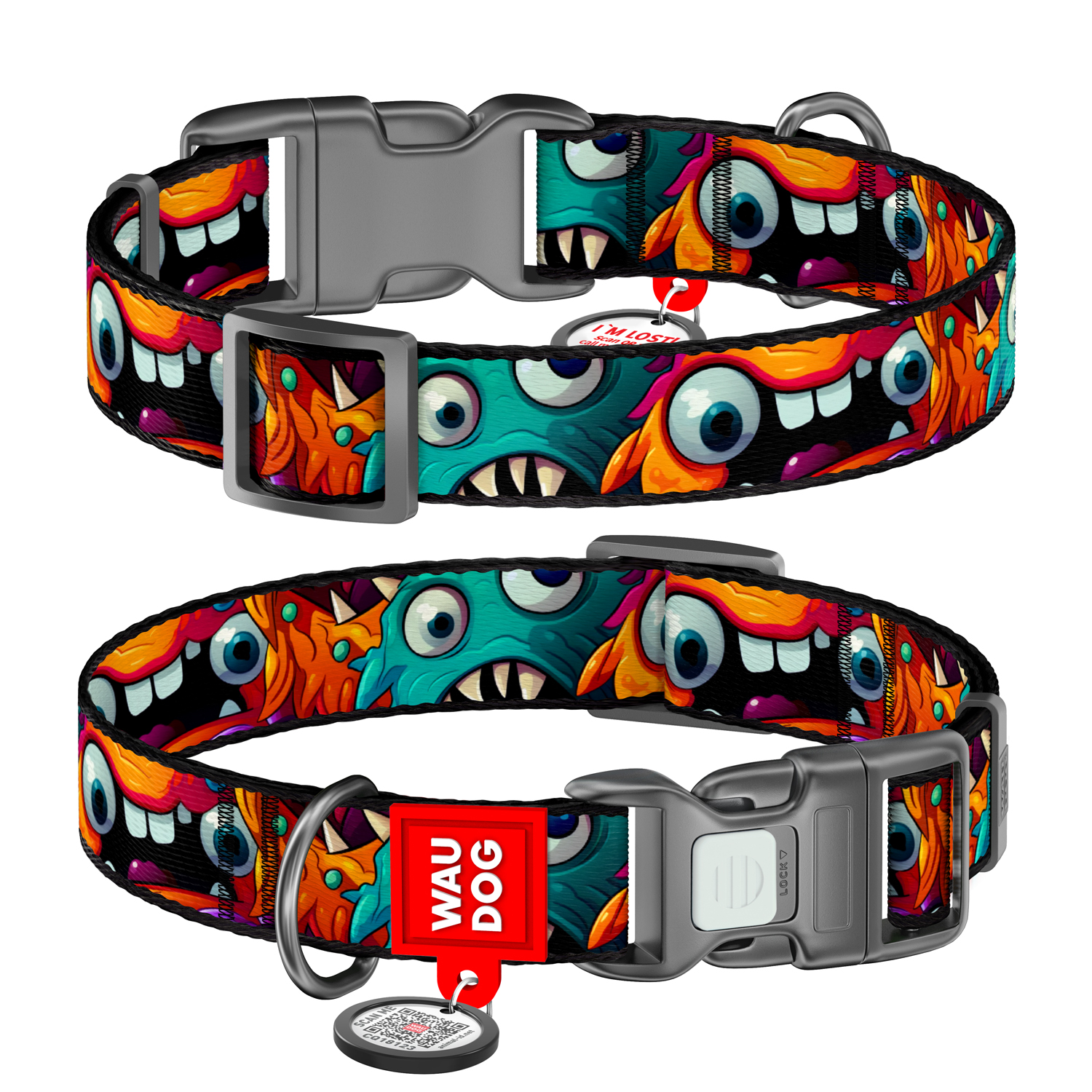 Waudog Zgardă nylon câine colecția Toothed Monsters, cu QR, mărimea S