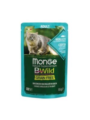 Plic Monge BWild Grain Free cu pește cod și creveți pentru pisici adulte, 85 g