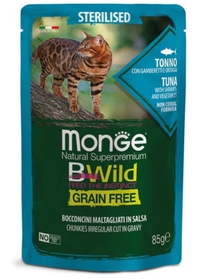 Plic Monge BWild Grain Free cu ton și creveți pentru pisici sterilizate, 85 g